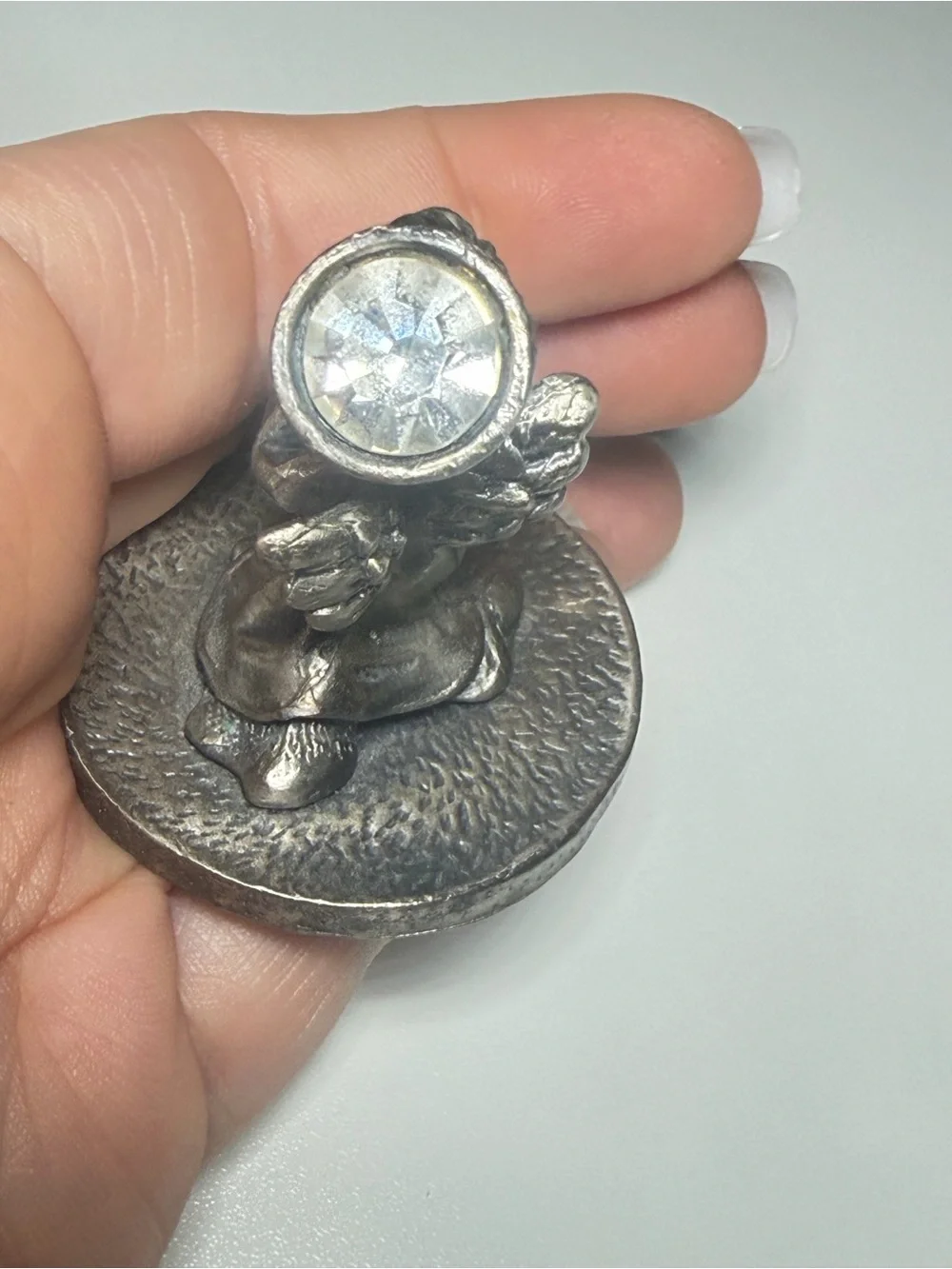 Pewter Tooth Fairy Angel Trinket Box Rhinestone Halo Vintage